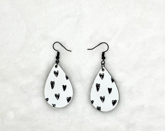 Heart Teardrop Earrings, Sublimated Black Sketch Hearts, Chic Jewelry