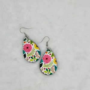 Boho Floral Teardrop Earrings, Sublimation Teardrop Earring Cute Jewelry, Pink, Spring Jewelry, Fashion Accessories