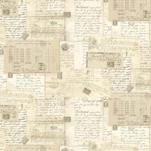 May include: A collage of antique documents and postage stamps in varying sizes and shapes. The papers are aged with a sepia tone, featuring handwritten script, ledger lines, and faded stamps. The overall effect is a vintage, historical aesthetic.
