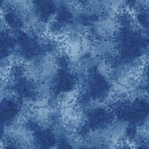 May include: A fabric featuring a deep blue and light blue mottled background with a repeating pattern of dark blue, thin, spindly branches and small clusters of leaves scattered across the surface in a dense, layered, and textured visual effect.