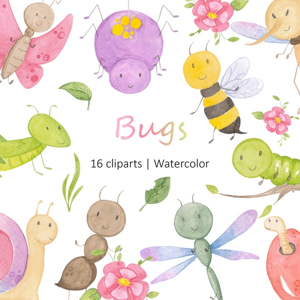 Cute Bugs Watercolor Clipart, Garden Bugs Clipart, Watercolor Spring Bugs, PNG & JPG Digital Download