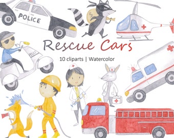 Watercolor Rescue Vehicles, Rescue Cars, Ambulance Police Firetruck Clipart, Watercolor Nursery Cars, PNG & JPG Digital Download