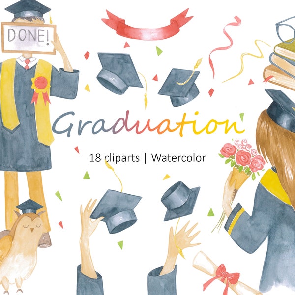 Graduation Watercolor Clipart, Watercolor Graduate Clipart Set, Student Graduation Clipart, PNG & JPG Digital Download