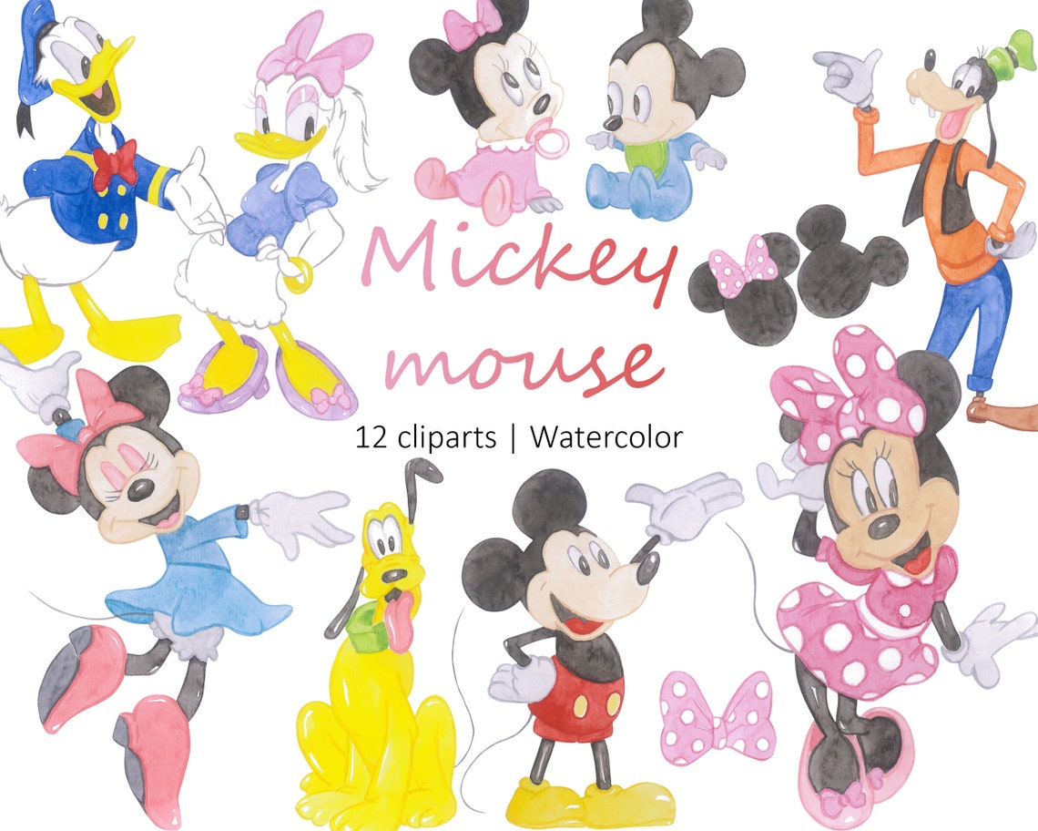 Mickey Mouse and Friends Watercolor Clipart, Minnie Mouse and Friends ...
