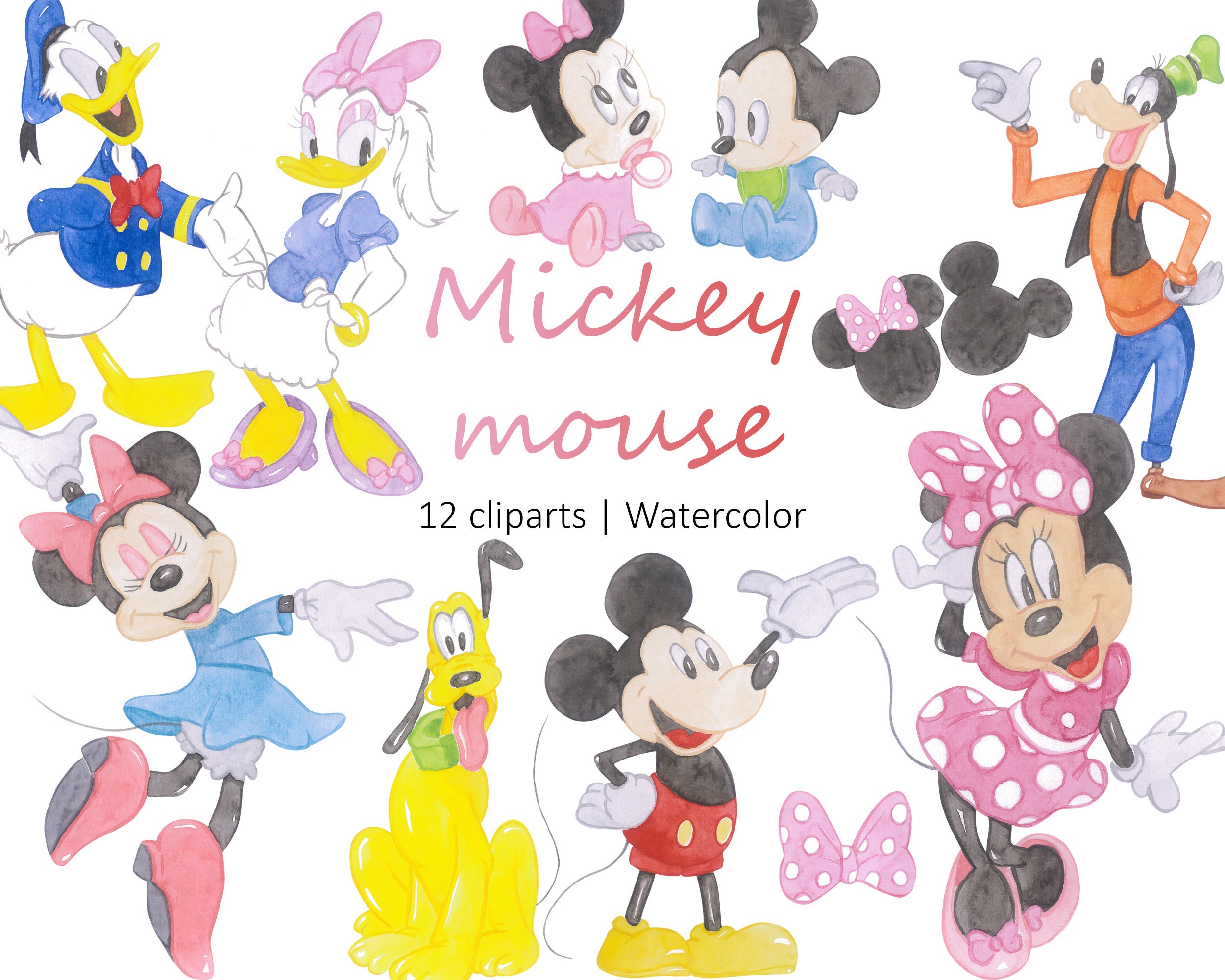 Mickey Mouse and Friends Watercolor Clipart, Minnie Mouse and Friends  Clipart, Mickey and Minnie Clipart Set, PNG & JPG Digital Download 