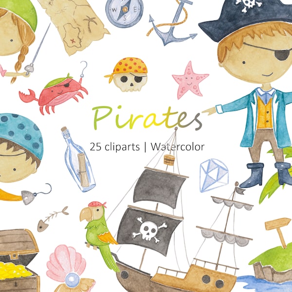 Little Pirates Watercolor Clipart, Pirate Animals Clipart, PNG & JPG Digital Download