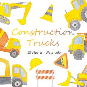 Construction Trucks Watercolor Clipart, Construction Vehicles Art, Nursery Decor,  PNG & JPG Digital Download