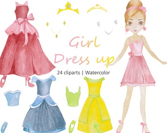 Girl Dress up Clipart, Watercolor Dress up, Princess Dress up Clipart, PNG & JPG Digital Download