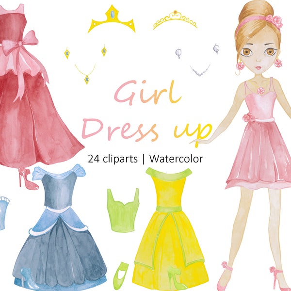 Girl Dress up Clipart, Watercolor Dress up, Princess Dress up Clipart, PNG & JPG Digital Download