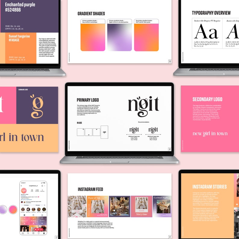 May include: A brand identity guide with a pink and purple color scheme. The guide includes a logo, typography, and gradient shades. The logo is a stylized "g" with the text "new girl in town". The typography is a sans-serif font with a bold weight. The gradient shades are a combination of pink, purple, and orange.