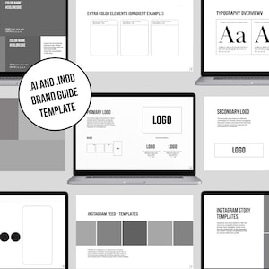 May include: A brand guide template with the title "AI and .INDD Brand Guide Template". The template includes sections for color palettes, typography, logo variations, and social media post templates.