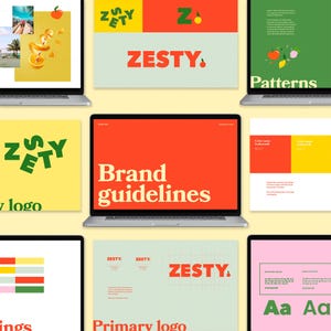 Op de afbeelding: Merkrichtlijnen voor Zesty, een merk met een helder oranje en groen kleurenschema. Het logo bevat een gestileerde letter Z met een kleine oranje cirkel en het woord "Zesty" in een vetgedrukt, sans-serif lettertype. De merkrichtlijnen bevatten informatie over het logo, de kleurenpalet en de typografie.