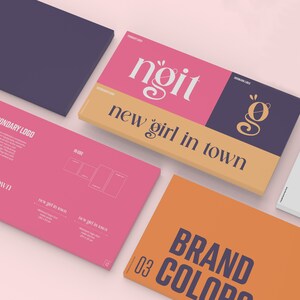 May include: A branding guide for a company called "new girl in town" with a logo featuring the text "ngit" in a stylized font. The guide includes information about the company's logo, brand colors, and other design elements.