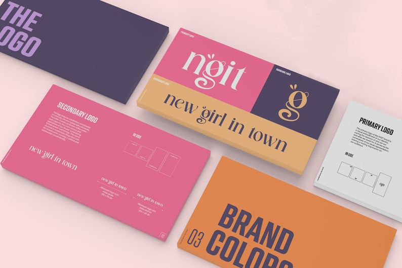 May include: A branding guide for a company called "new girl in town" with a logo featuring the text "ngit" in a stylized font. The guide includes information about the company's logo, brand colors, and other design elements.