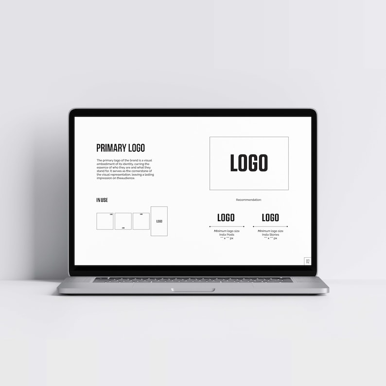May include: A laptop screen displaying a black and white graphic design guide for a logo. The guide includes the text "PRIMARY LOGO" and "LOGO" with instructions for minimum logo size in pixels and inches.
