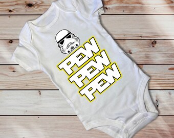 Fan Art Star Wars Trooper Pew Pew Pew Poo Graphic Tee in Gray White or Black Baby Onesie Ages 3-24 Months 100% Cotton Soft