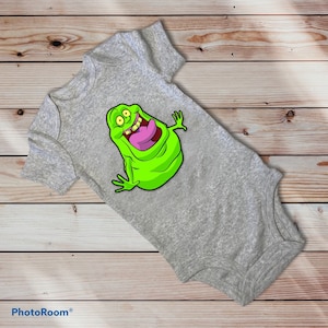Fan Art Ghostbusters Slimer Graphic Design in Gray White or Black Baby Onesie Ages 3-24 Months 100% Cotton Soft