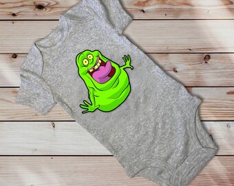 Fan Art Ghostbusters Slimer Graphic Design in Gray White or Black Baby Onesie Ages 3-24 Months 100% Cotton Soft