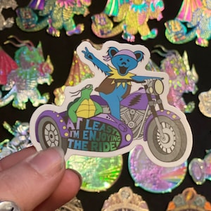 May include: A sticker featuring a cartoon bear riding a motorcycle with a turtle passenger. The bear is wearing a purple shirt and a blue hat. The motorcycle is purple and black. The sticker has the text "At Least I'm Enjoying The Ridey" on it.