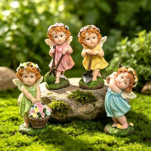 Puede incluir: Cuatro pequeñas figuras de ángeles con alas, coronas de flores y vestidos rosas, amarillos y verdes. Uno sostiene una cesta de flores, otro una pala y un tercero una herramienta de jardinería. El cuarto ángel está inclinado con un vestido azul.