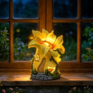Puede incluir: Una lámpara de jardín solar amarilla con forma de girasol. La flor tiene una pequeña puerta y ventana, que se asemeja a una casa de hadas. La luz está encendida, iluminando los pétalos y el interior. La base es una estructura de piedra.