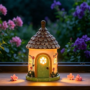 Solar Powered Resin Miniature Garden House Outdoor Lighted Cottage Figurine Yard Decor