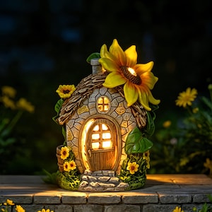 Puede incluir: Una casa de jardín decorativa con energía solar, con un girasol. La casa está hecha de un material similar a la piedra con una puerta y una ventana de madera. Flores amarillas y hojas verdes rodean la casa, que está iluminada con una luz cálida.