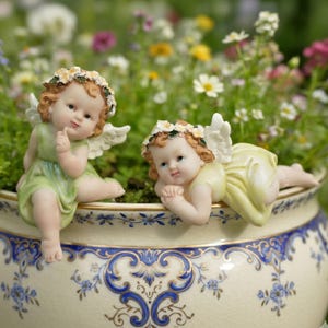 Könnte beinhalten: Zwei cherubartige Figuren mit Flügeln und Blumenkränzen sitzen auf einem dekorativen Pflanzgefäß. Ein Engel trägt ein grünes Kleid und zeigt nach oben, während der andere in einem gelben Kleid liegt. Der Pflanztopf hat ein blaues und weißes Blumenmuster.