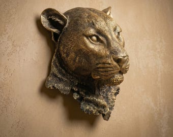 Faux Bronze Leopard Head Wall Mount, Safari Jungle Cat Sculpture Art