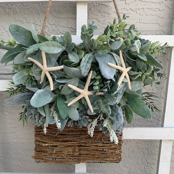 Coastal Basket, Wreath, Decor for Front Door, Beach Decor, Starfish, Nautical, Luxe Decor, Elegant, bridal shower gift