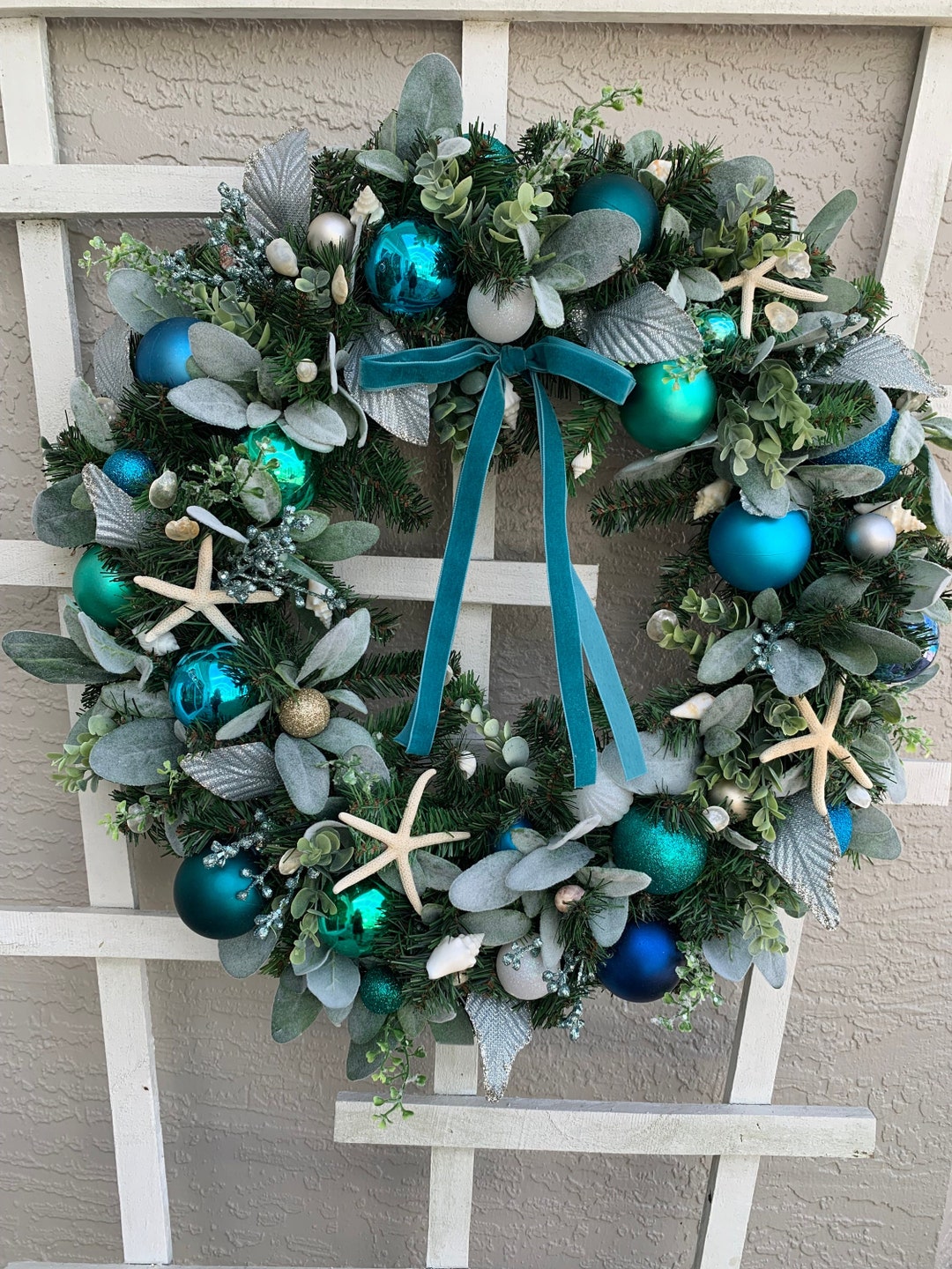 Blue Coastal Christmas Wreath, Beachy Wreath for Front Door, Christmas