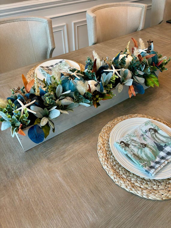 Coastal Fall Centerpiece with Velvet Pumpkins, Blue Thanksgiving Table Decor, Long Autumn Floral Arrangement