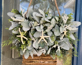 Coastal Hanging Basket with Starfish, Coastal Door or Wall Decor with Eucalyptus, Lambs Ear and Starfish Accents, Beach House Door Decor
