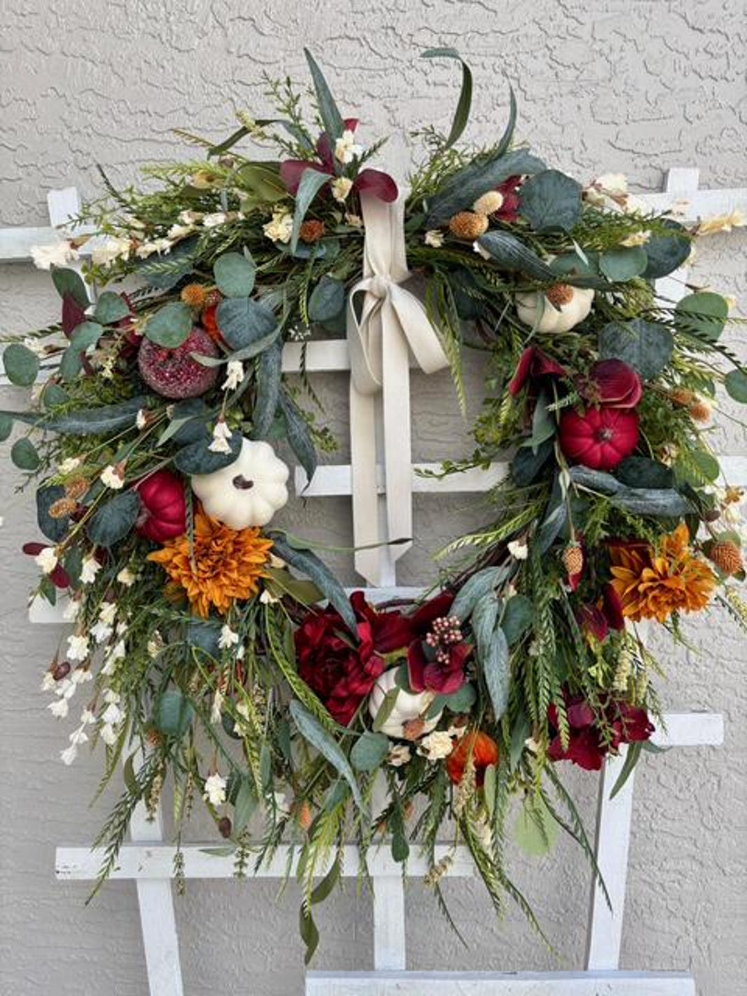 Fall Wreath With Pumpkins and Florals, Autumn Front Door Wreath With ...