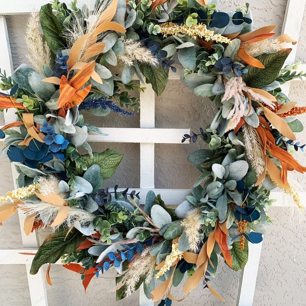 Fall Wreath for Front Door, Autumn wreath, Thanksgiving, Blue Fall Decor, Elegant Decor, housewarming gift, Fall table decor, Fall coastal