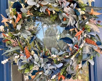 Navy and Orange Fall Wreath, Eucalyptus Front Door Decor, Modern Farmhouse Autumn Wreath