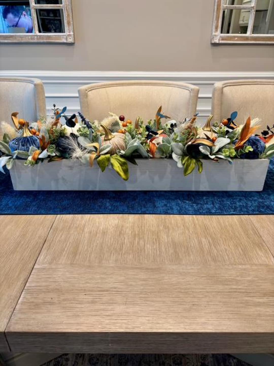 Thanksgiving Table Centerpiece With Velvet Pumpkins - Long Farmhouse ...