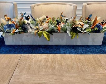 Thanksgiving Table Centerpiece with Velvet Pumpkins - Long Farmhouse Autumn Floral Arrangement for Dining or Mantel, Fall Centerpiece