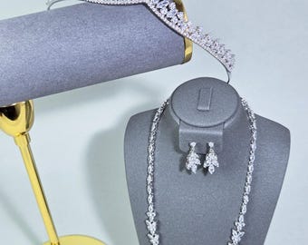 Handmade Bridal Tiara, Necklace & Earrings Set with High-Quality Cubic Zirconia