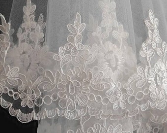 Two-Tiers, Laced Edge Bridal Veil, Wedding Veil, Off-White Veil, Cathedral Long Veil, Classic Elegant Veil