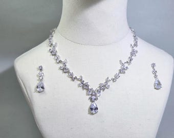 Handmade Silver Butterfly Necklace and Earrings Set – Cubic Zirconia Bridal Jewelry in Gift Box