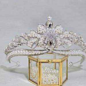 Handmade Bridal Tiara Crown with Cubic Zirconia & Pearls