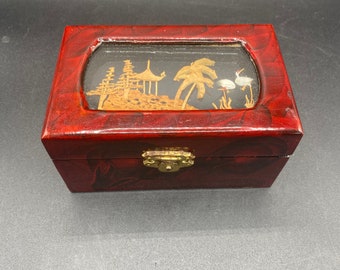 Chinese lacquer wooden trinket box with cork diorama handmade with red silk lining
