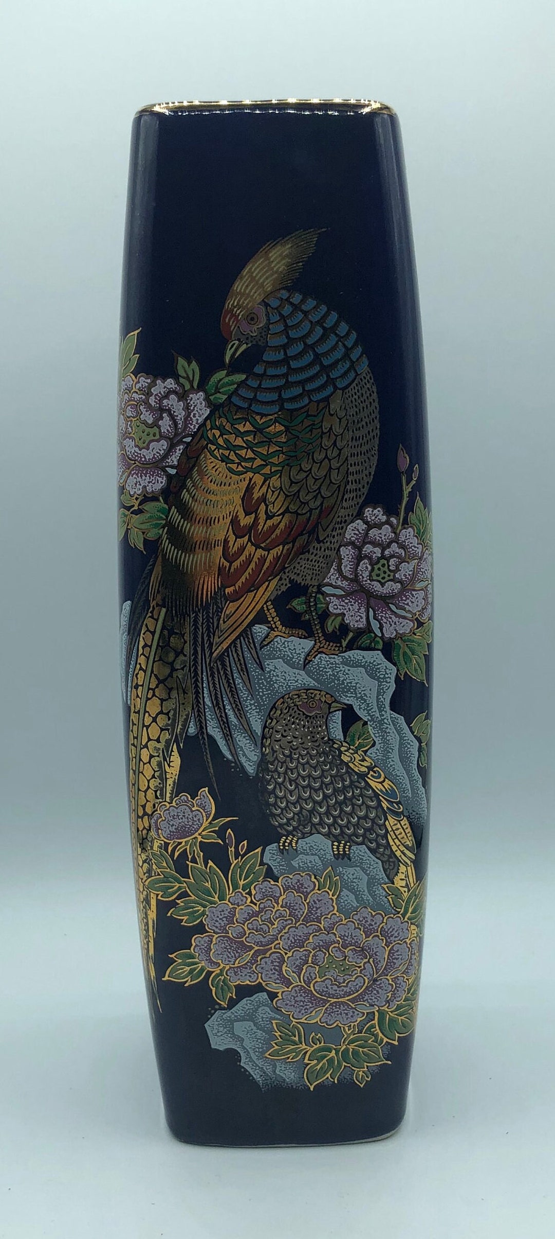 Kutani Cobalt Blue Oriental Decorated Vase With Pheasants Etsy