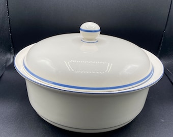 Lenix Chinastone The Blue Pattern 2 quart casserole dish white with blue rims made in USA