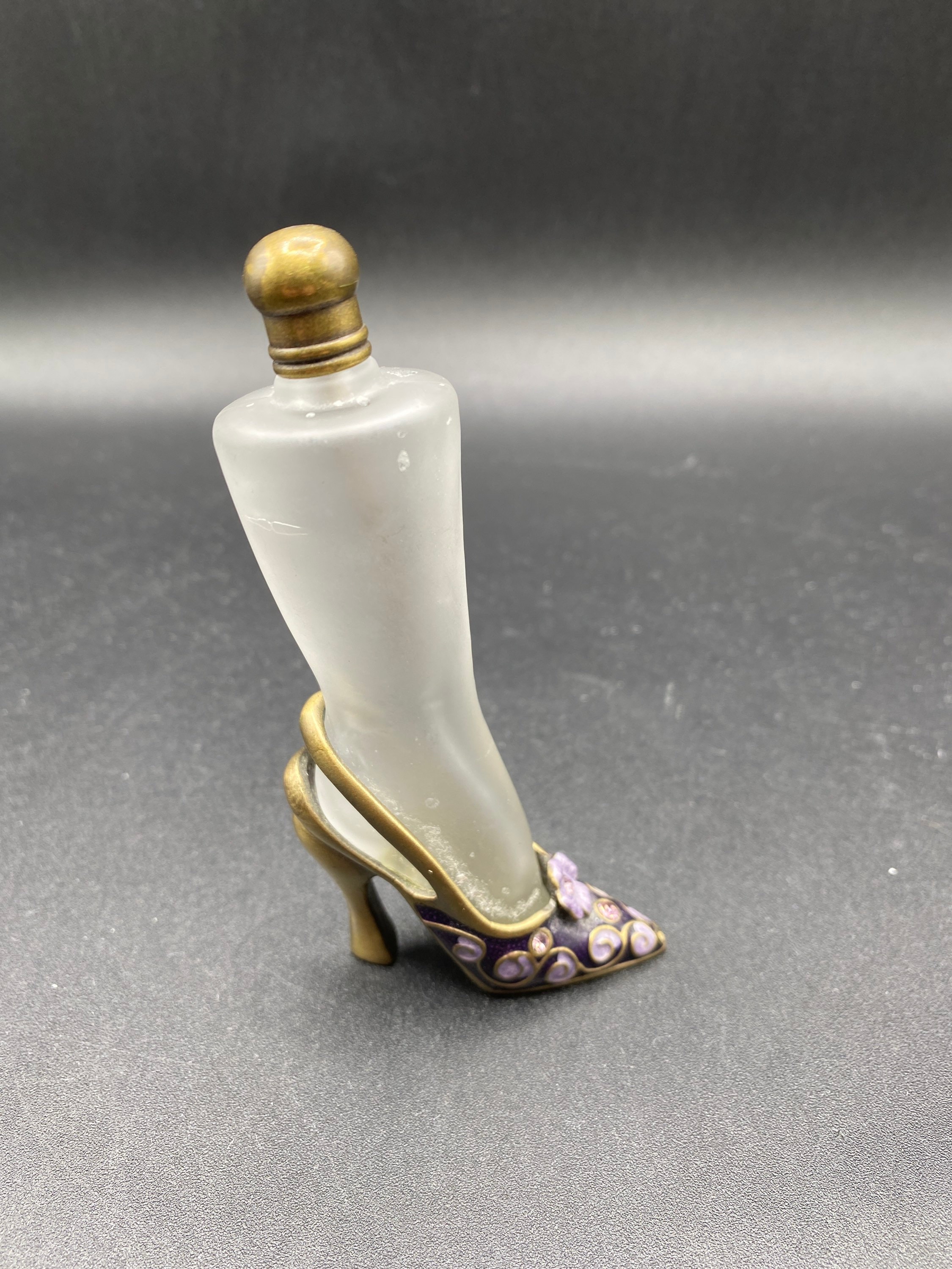 Frosted Glass High Heel Shoe Metal Perfume Bottle With Brass Top Floral