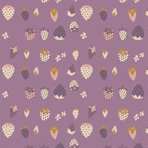 May include: A seamless pattern featuring a variety of pink, purple, and brown strawberries on a light purple background. The strawberries are stylised and have a simple, hand-drawn look. There are also small white flowers scattered throughout the pattern.