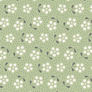 May include: A seamless pattern featuring white flowers with five petals and grey stems on a light green background with small white dots.