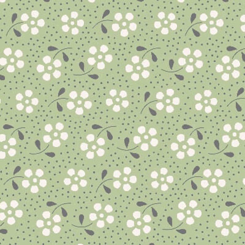 Op de afbeelding: Een naadloos patroon met witte bloemen met vijf bloemblaadjes en grijze stelen op een lichtgroene achtergrond met kleine witte stippen.