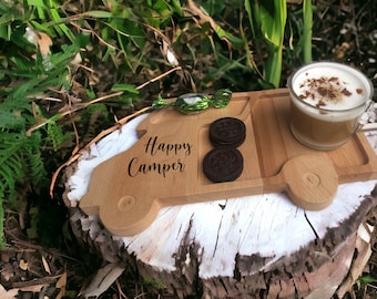 Frühstücksbrett Camping Geschenk  Holz Tablett für Kaffee, Tee, und Snack , Geschenk für Papa und Opa Holz, Wohnmobil, Camp